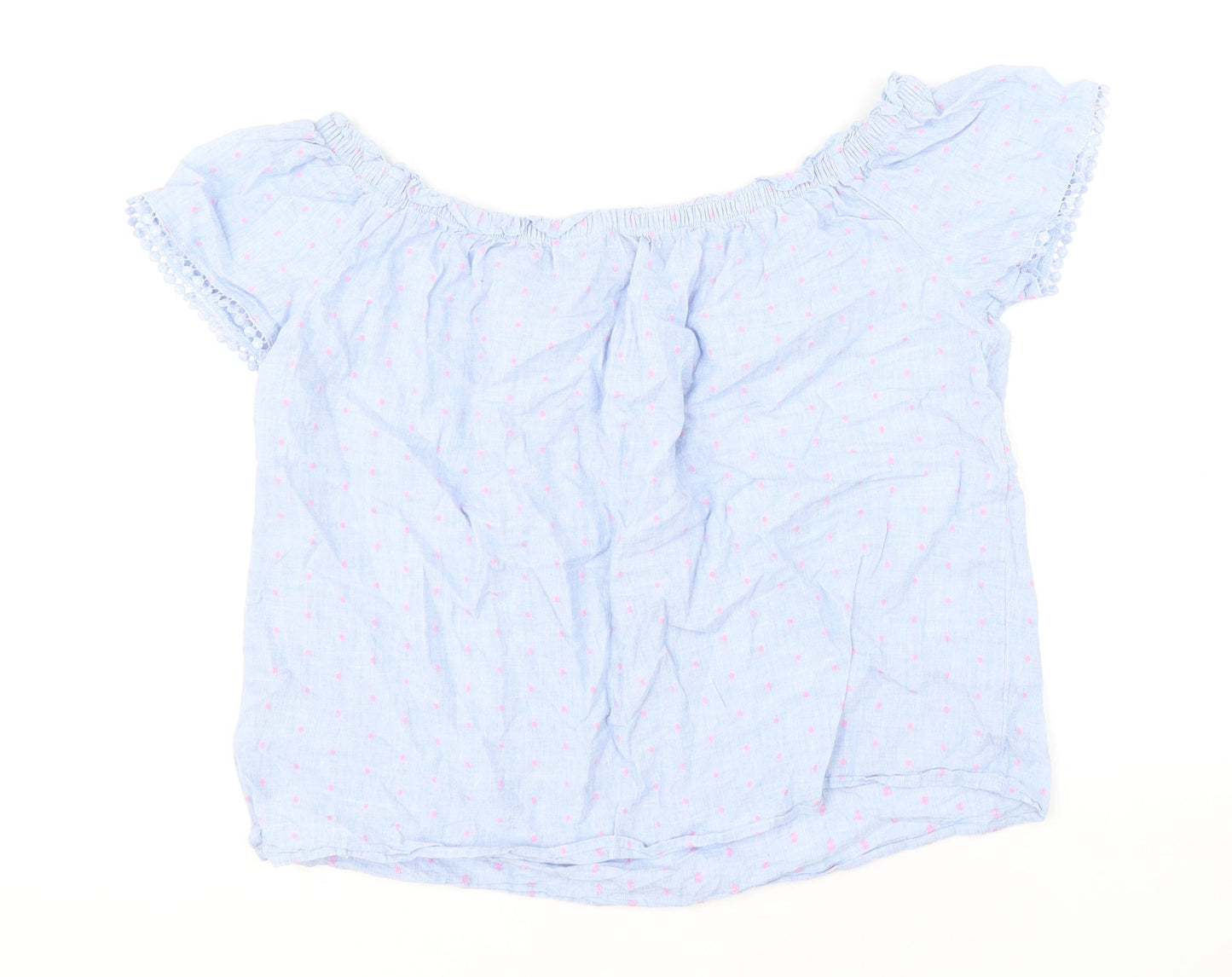 Papaya Womens Blue Polka Dot 100% Cotton Basic Blouse Size 14 Boat Neck