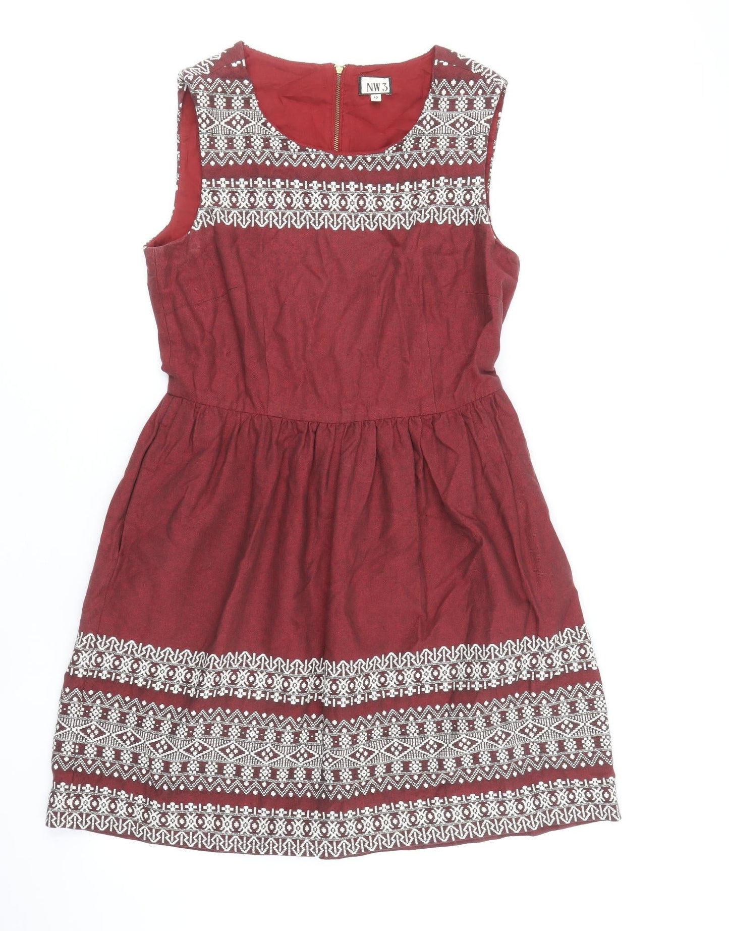 N.W 3 Womens Red Geometric 100% Cotton Fit & Flare Size 10 Boat Neck Zip