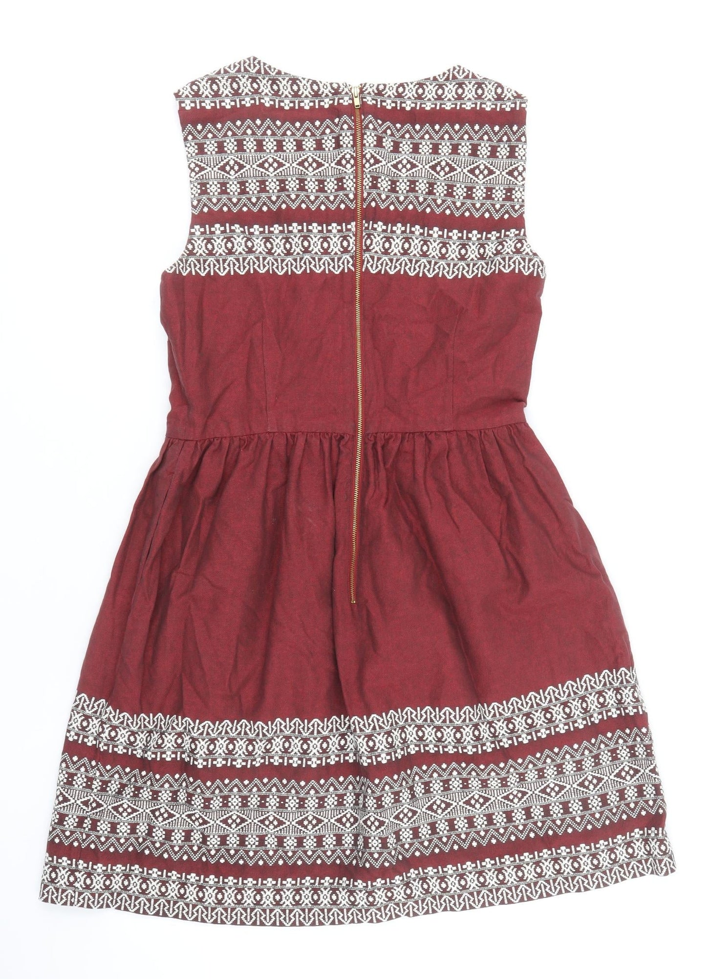 N.W 3 Womens Red Geometric 100% Cotton Fit & Flare Size 10 Boat Neck Zip