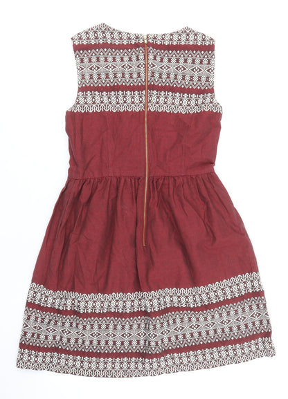 N.W 3 Womens Red Geometric 100% Cotton Fit & Flare Size 10 Boat Neck Zip