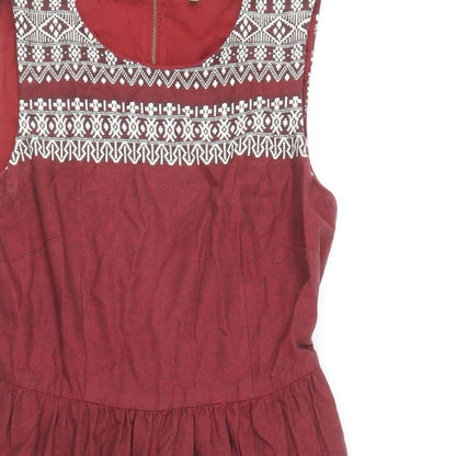 N.W 3 Womens Red Geometric 100% Cotton Fit & Flare Size 10 Boat Neck Zip