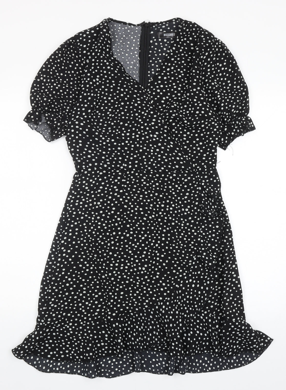 Missguided Womens Black Polka Dot Polyester Fit & Flare Size 8 V-Neck Zip