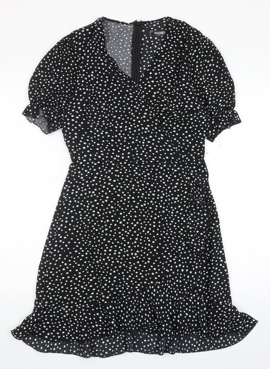 Missguided Womens Black Polka Dot Polyester Fit & Flare Size 8 V-Neck Zip
