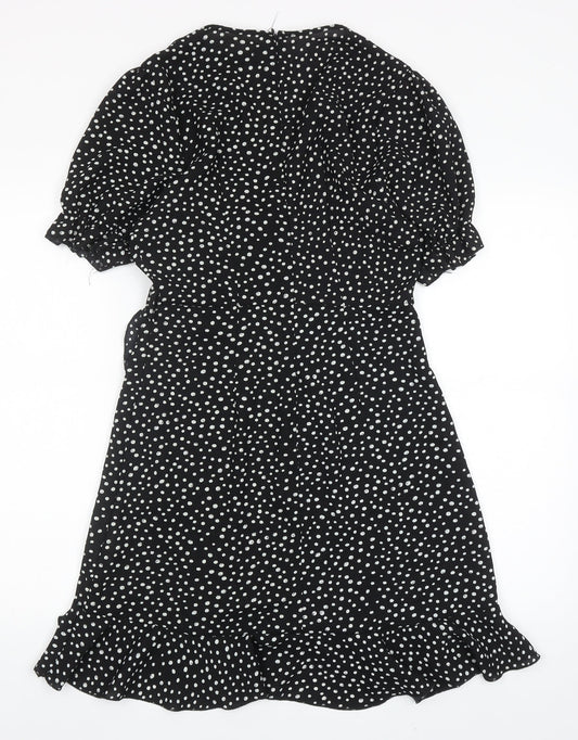 Missguided Womens Black Polka Dot Polyester Fit & Flare Size 8 V-Neck Zip