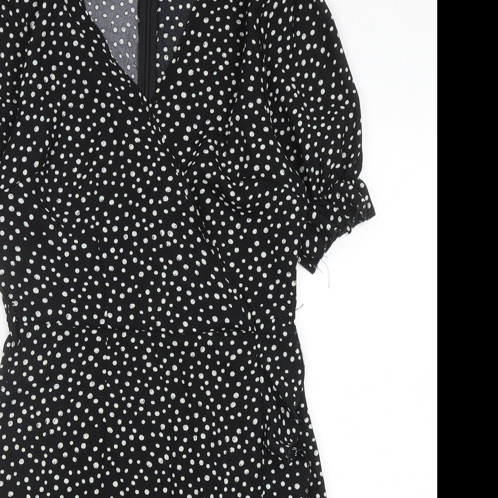 Missguided Womens Black Polka Dot Polyester Fit & Flare Size 8 V-Neck Zip