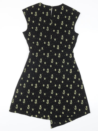Louche Womens Black Floral Viscose Trapeze & Swing Size 12 V-Neck Zip