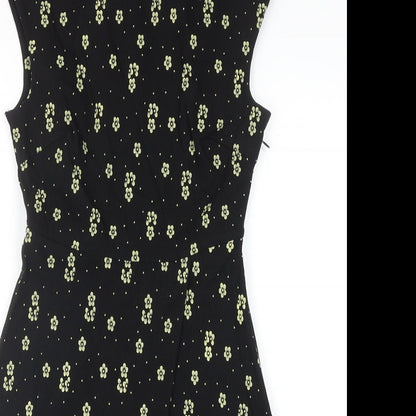 Louche Womens Black Floral Viscose Trapeze & Swing Size 12 V-Neck Zip