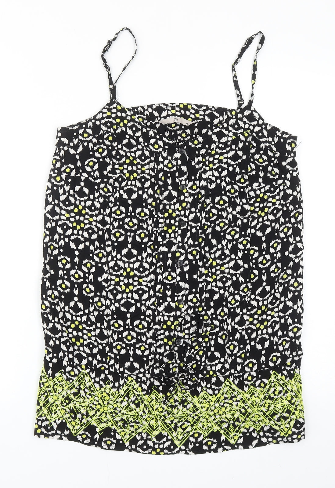 TU Womens Black Geometric Viscose Camisole Tank Size 12 V-Neck