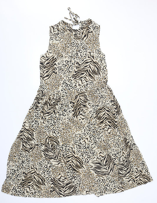 New Look Womens Beige Animal Print Viscose Fit & Flare Size 12 Round Neck Tie - Leopard Zebra Pattern