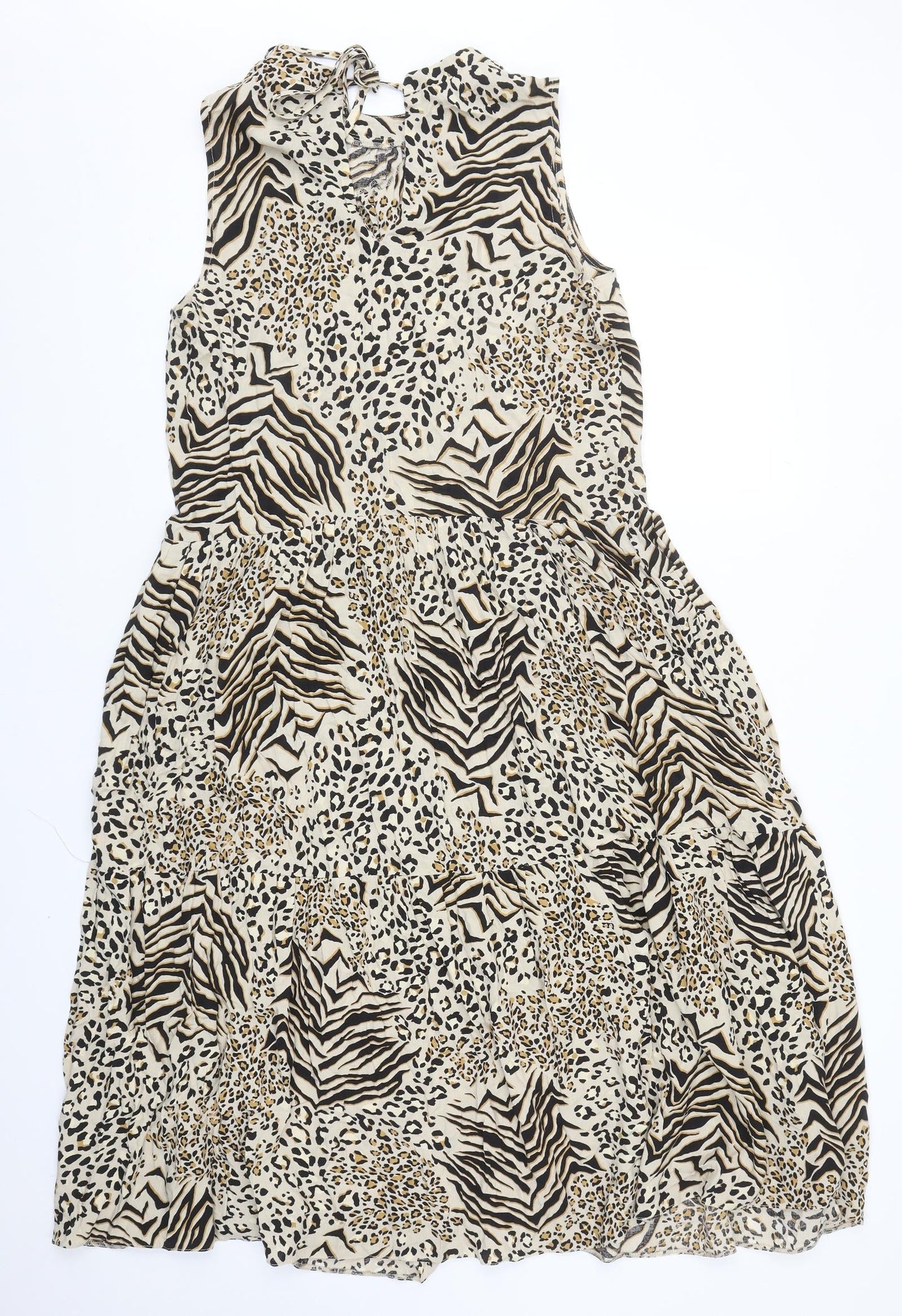 New Look Womens Beige Animal Print Viscose Fit & Flare Size 12 Round Neck Tie - Leopard Zebra Pattern