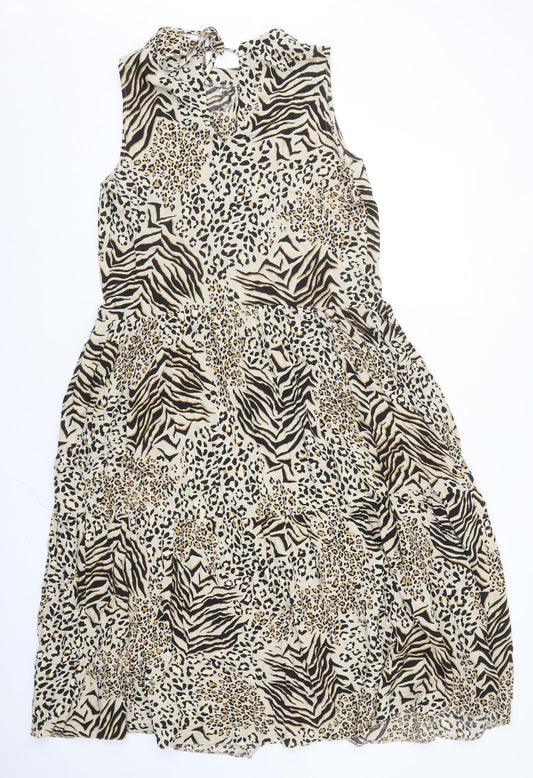 New Look Womens Beige Animal Print Viscose Fit & Flare Size 12 Round Neck Tie - Leopard Zebra Pattern