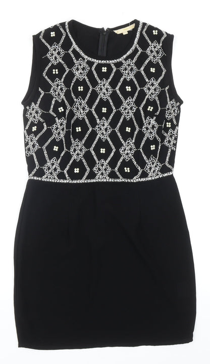 TFNC Womens Black Geometric Polyester A-Line Size M Round Neck Zip