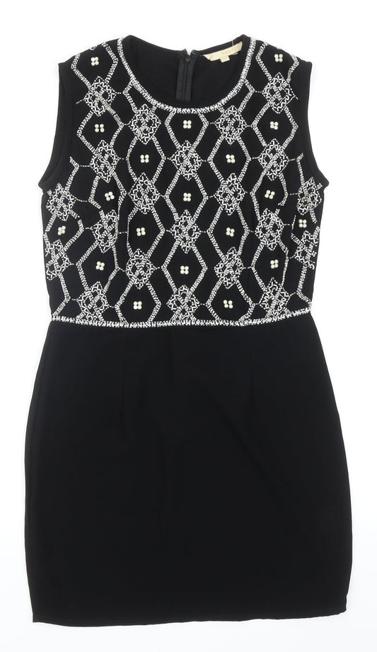 TFNC Womens Black Geometric Polyester A-Line Size M Round Neck Zip