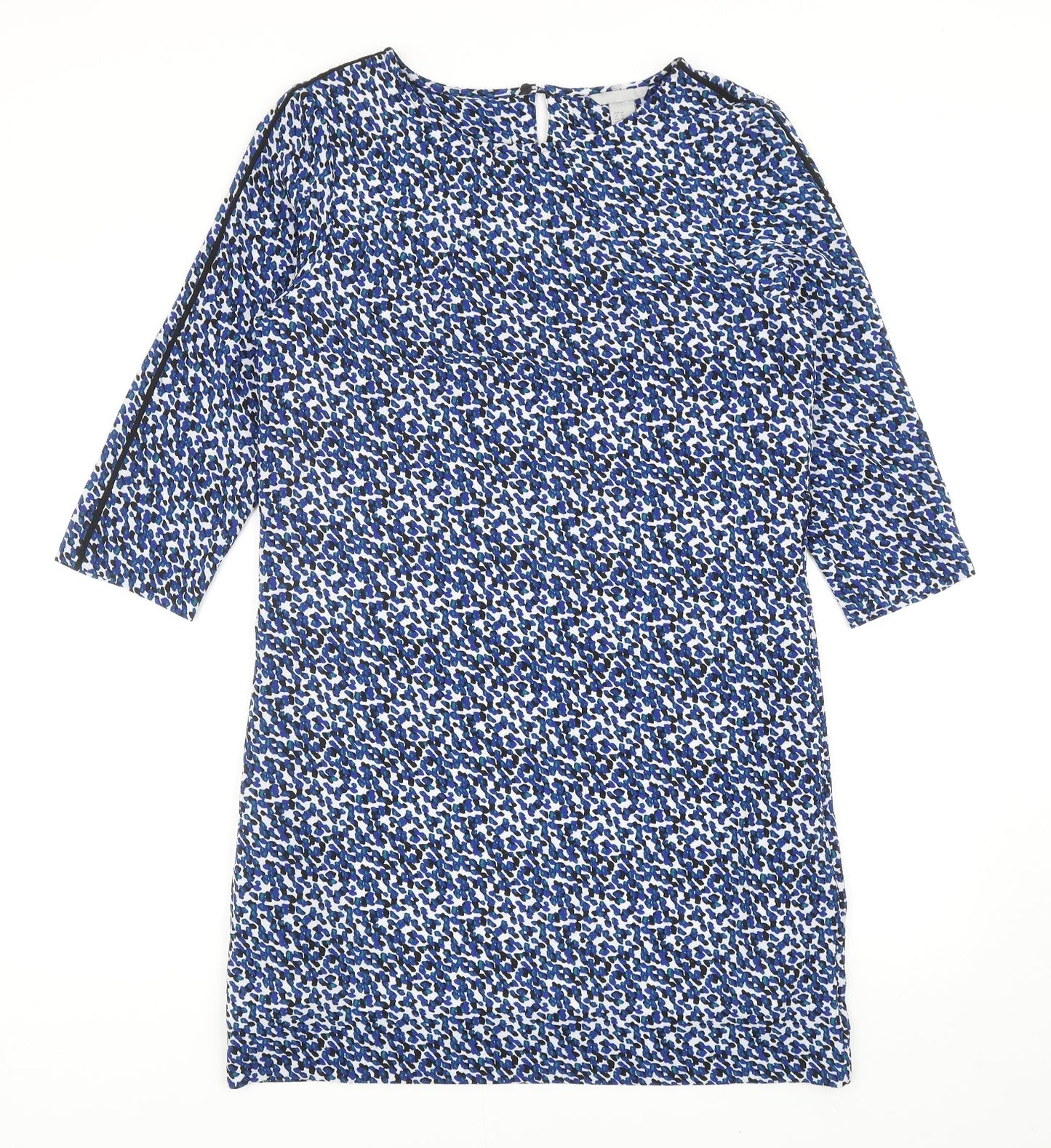 H&M Womens Blue Geometric Polyester Shift Size 12 Boat Neck Button