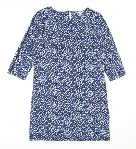 H&M Womens Blue Geometric Polyester Shift Size 12 Boat Neck Button