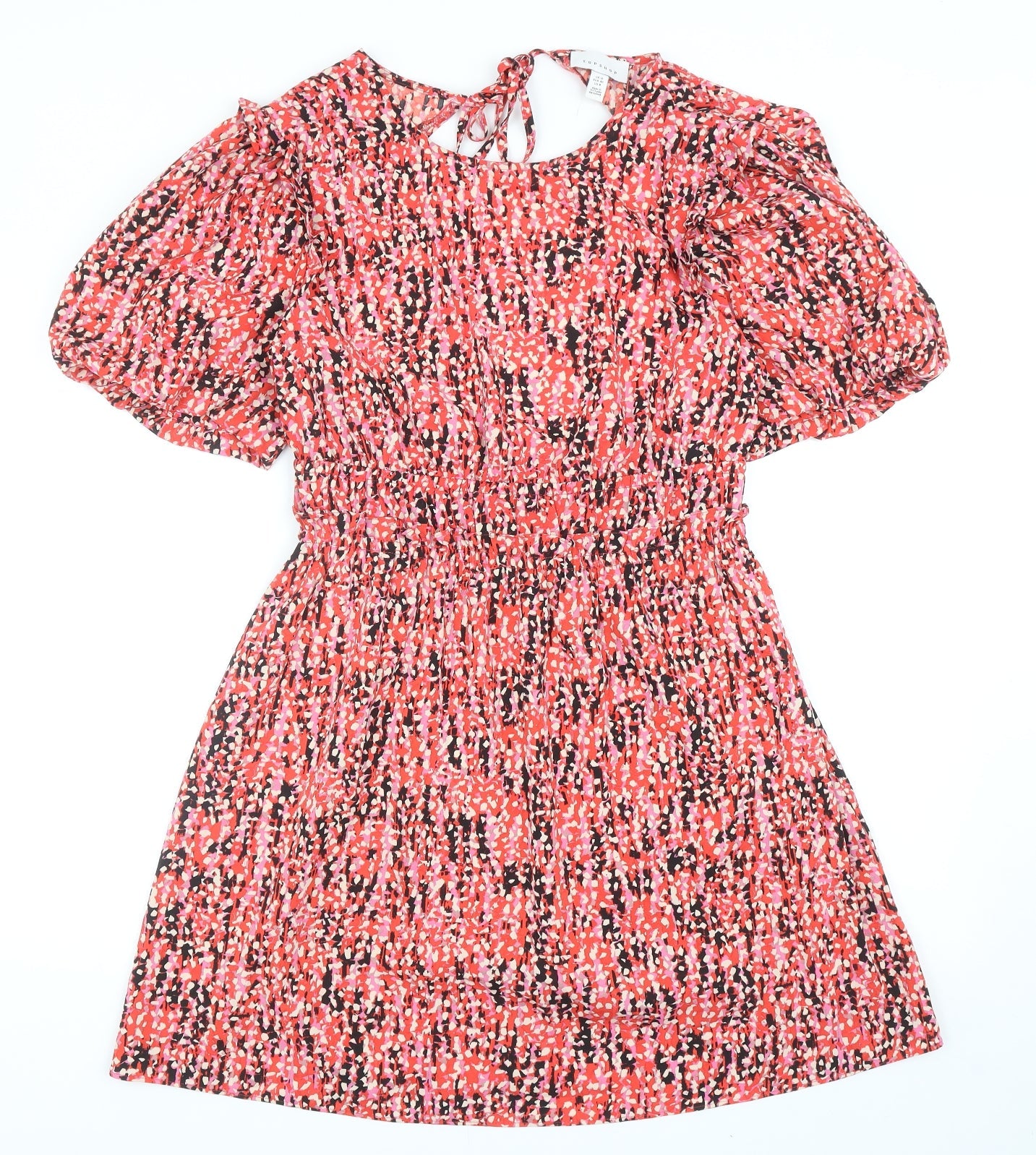 Topshop Womens Red Geometric Polyester Skater Dress Size 12 Boat Neck Tie