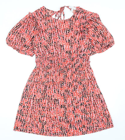 Topshop Womens Red Geometric Polyester Skater Dress Size 12 Boat Neck Tie