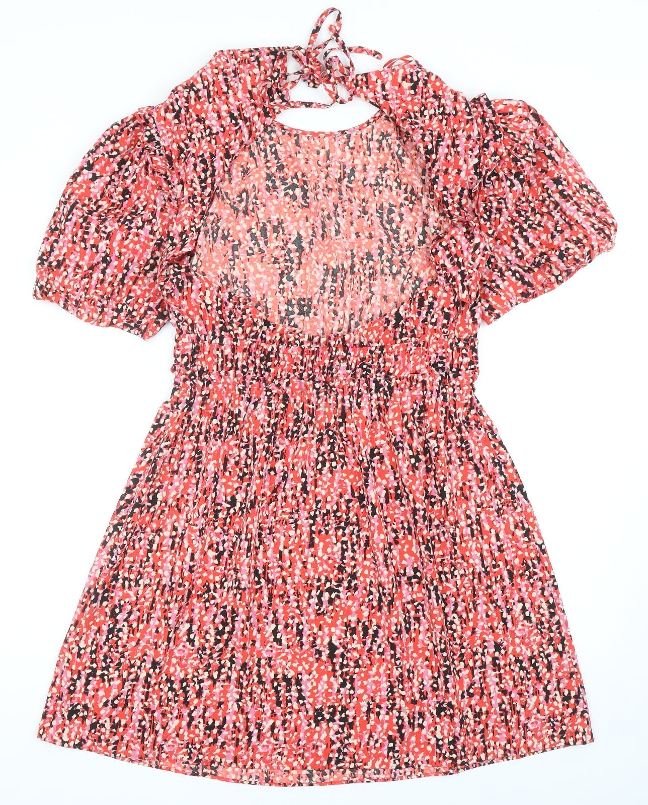 Topshop Womens Red Geometric Polyester Skater Dress Size 12 Boat Neck Tie