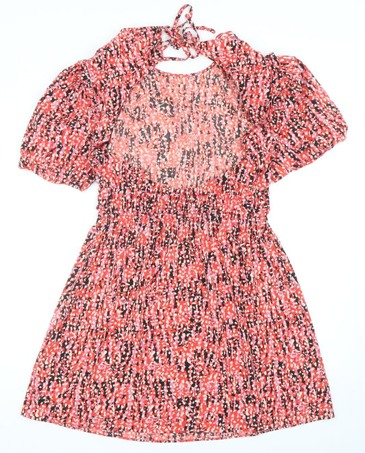 Topshop Womens Red Geometric Polyester Skater Dress Size 12 Boat Neck Tie