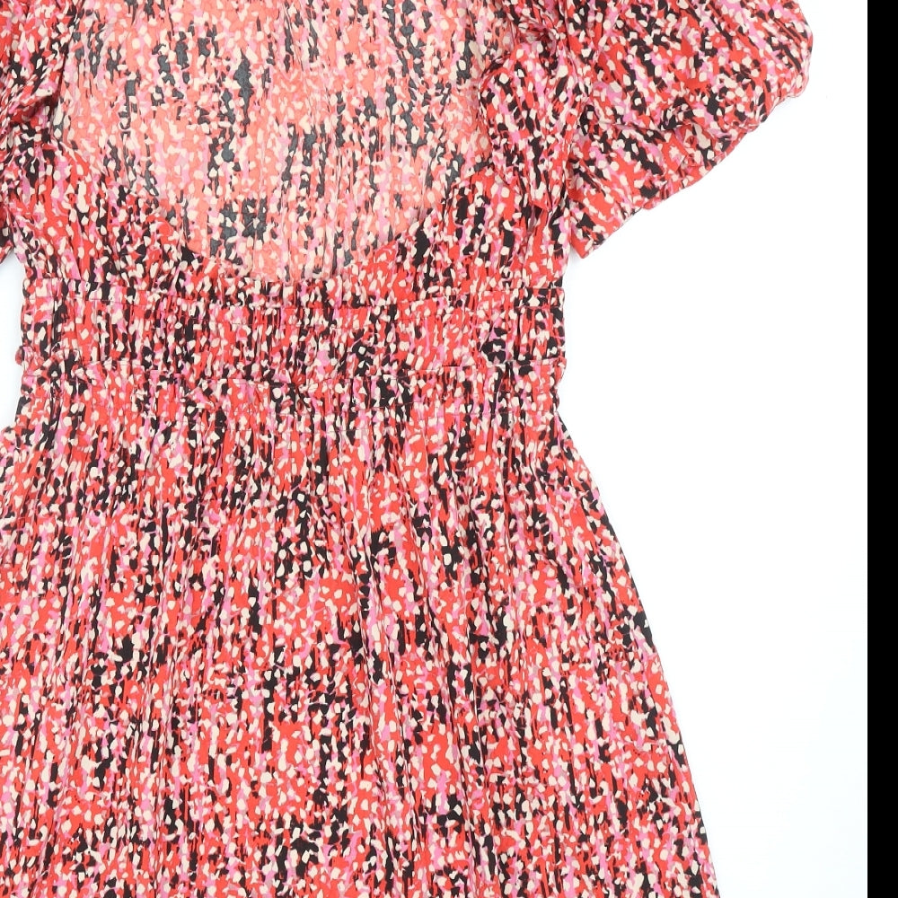 Topshop Womens Red Geometric Polyester Skater Dress Size 12 Boat Neck Tie