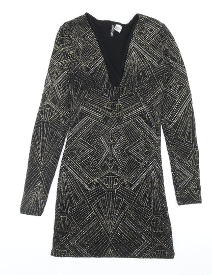 Divided by H&M Womens Black Geometric Polyamide Bodycon Size 8 V-Neck Pullover