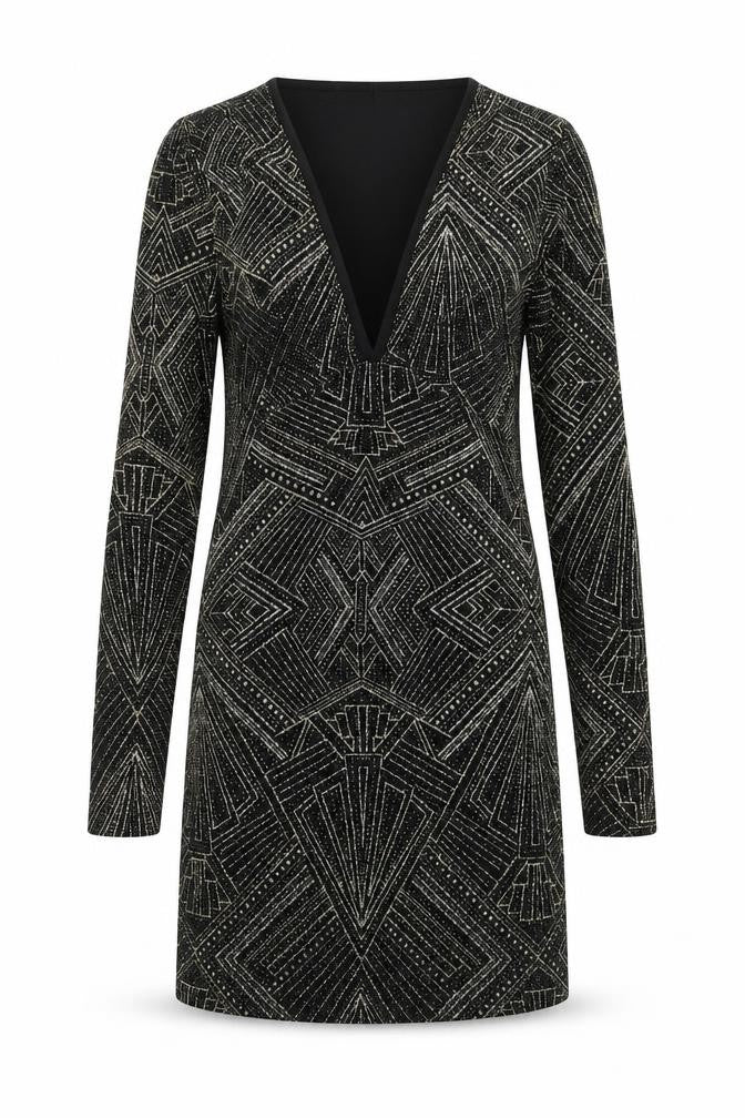 Divided by H&M Womens Black Geometric Polyamide Bodycon Size 8 V-Neck Pullover