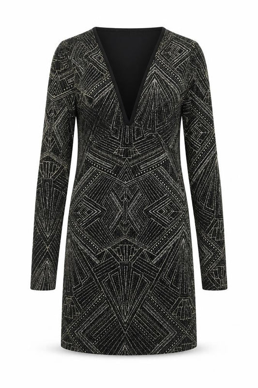 Divided by H&M Womens Black Geometric Polyamide Bodycon Size 8 V-Neck Pullover