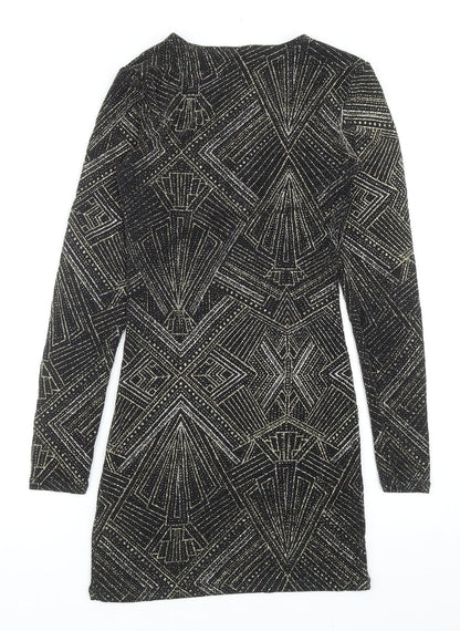 Divided by H&M Womens Black Geometric Polyamide Bodycon Size 8 V-Neck Pullover