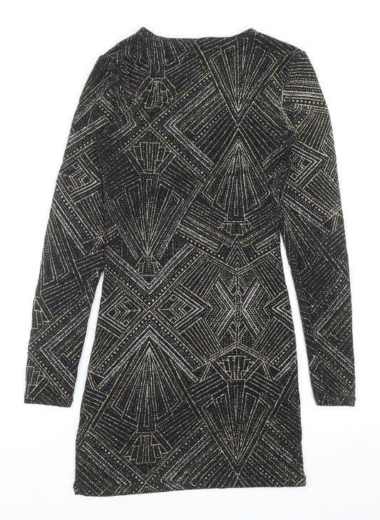 Divided by H&M Womens Black Geometric Polyamide Bodycon Size 8 V-Neck Pullover