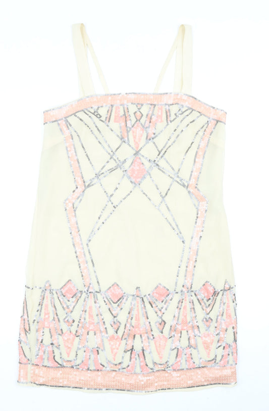 Warehouse Womens Beige Geometric Polyester Tank Dress Size 12 Square Neck Zip