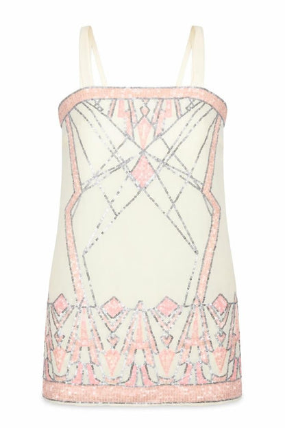Warehouse Womens Beige Geometric Polyester Tank Dress Size 12 Square Neck Zip