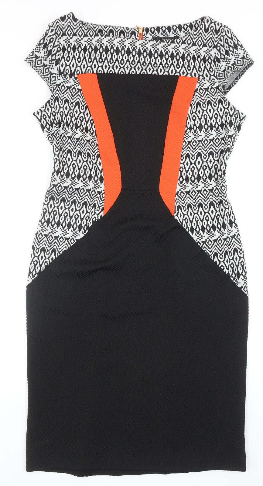 George Womens Black Geometric Polyester Pencil Dress Size 14 Boat Neck Zip