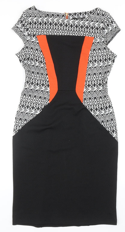 George Womens Black Geometric Polyester Pencil Dress Size 14 Boat Neck Zip