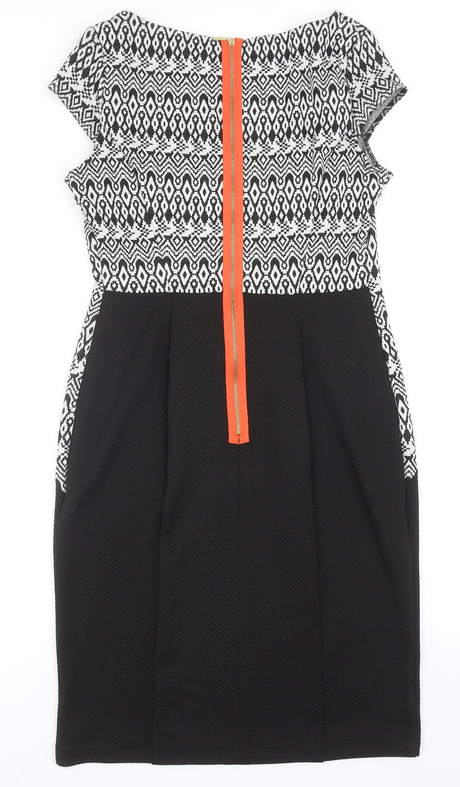 George Womens Black Geometric Polyester Pencil Dress Size 14 Boat Neck Zip