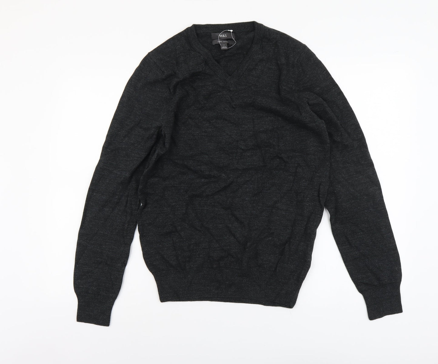 Marks and Spencer Mens Grey V-Neck Cotton Pullover Jumper Size S Long Sleeve