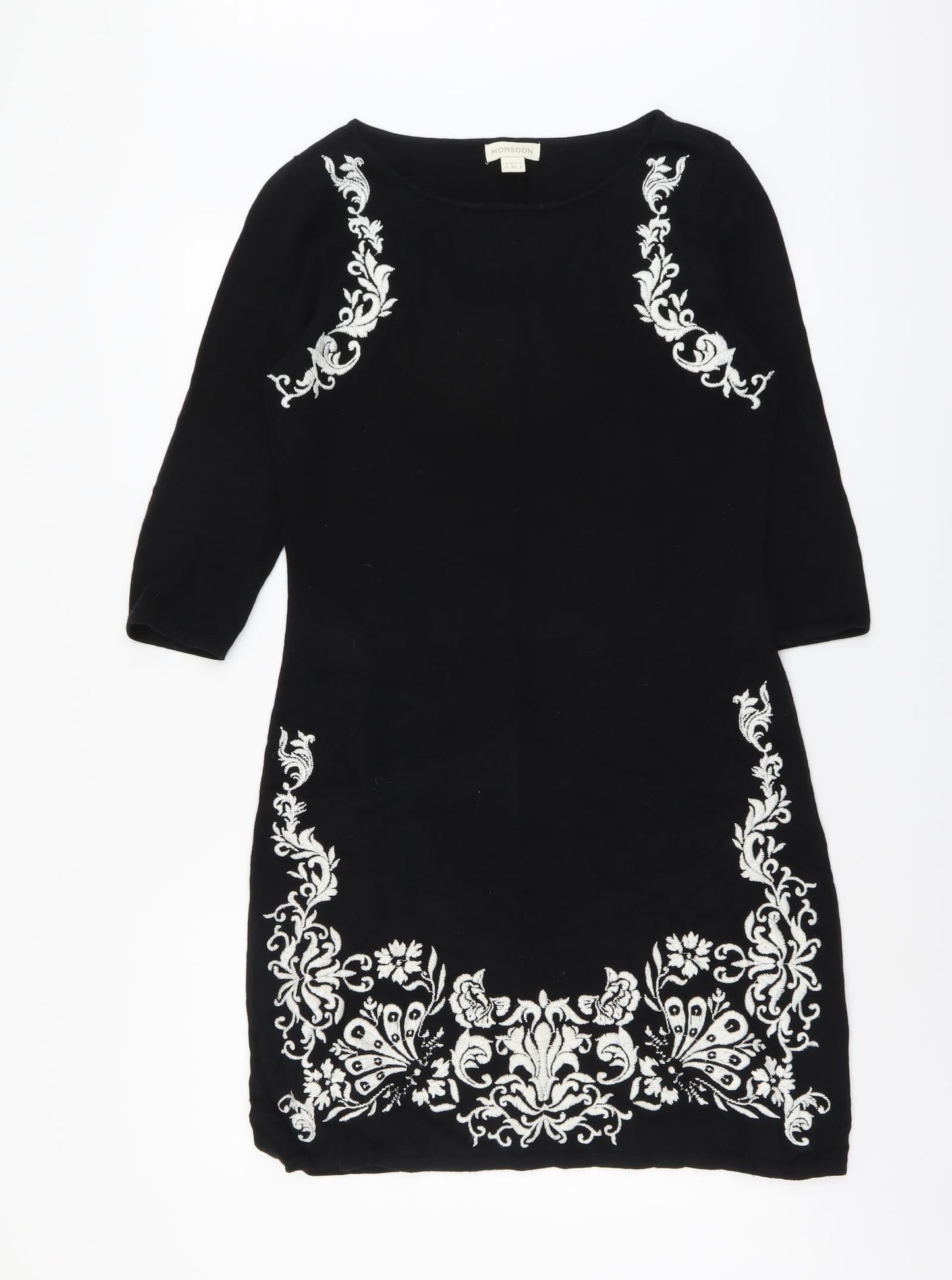 Monsoon Womens Black Floral Cotton Sheath Size 12 Boat Neck Pullover