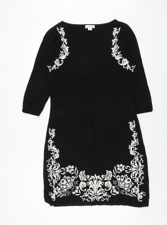 Monsoon Womens Black Floral Cotton Sheath Size 12 Boat Neck Pullover