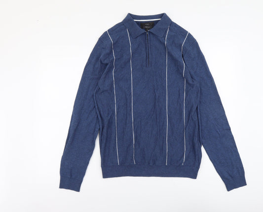 Marks and Spencer Mens Blue Collared Striped Cotton Pullover Jumper Size M Long Sleeve