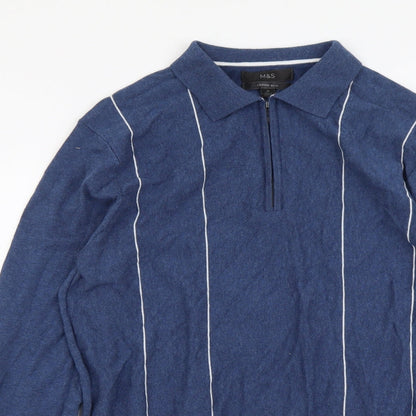 Marks and Spencer Mens Blue Collared Striped Cotton Pullover Jumper Size M Long Sleeve