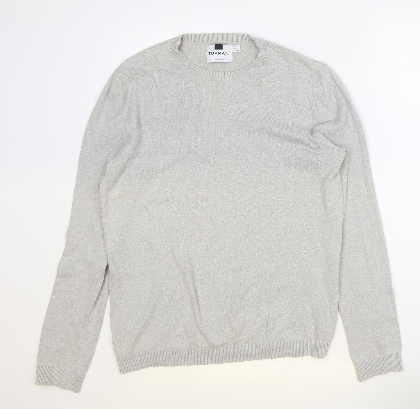 Topshop Mens Grey Round Neck Cotton Pullover Jumper Size S Long Sleeve