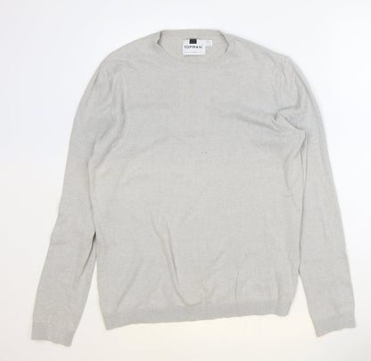 Topshop Mens Grey Round Neck Cotton Pullover Jumper Size S Long Sleeve