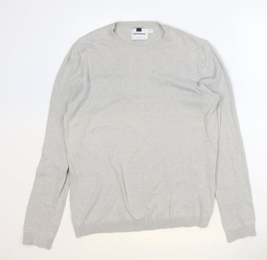 Topshop Mens Grey Round Neck Cotton Pullover Jumper Size S Long Sleeve