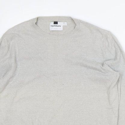 Topshop Mens Grey Round Neck Cotton Pullover Jumper Size S Long Sleeve