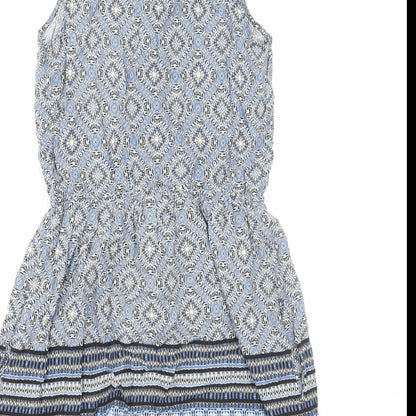 New Look Womens Blue Geometric Viscose A-Line Size 8 V-Neck Pullover