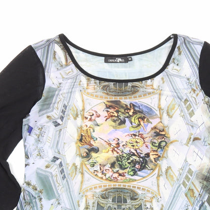 Critical Pass Womens Black Geometric Polyester Basic Blouse Size 10 Boat Neck