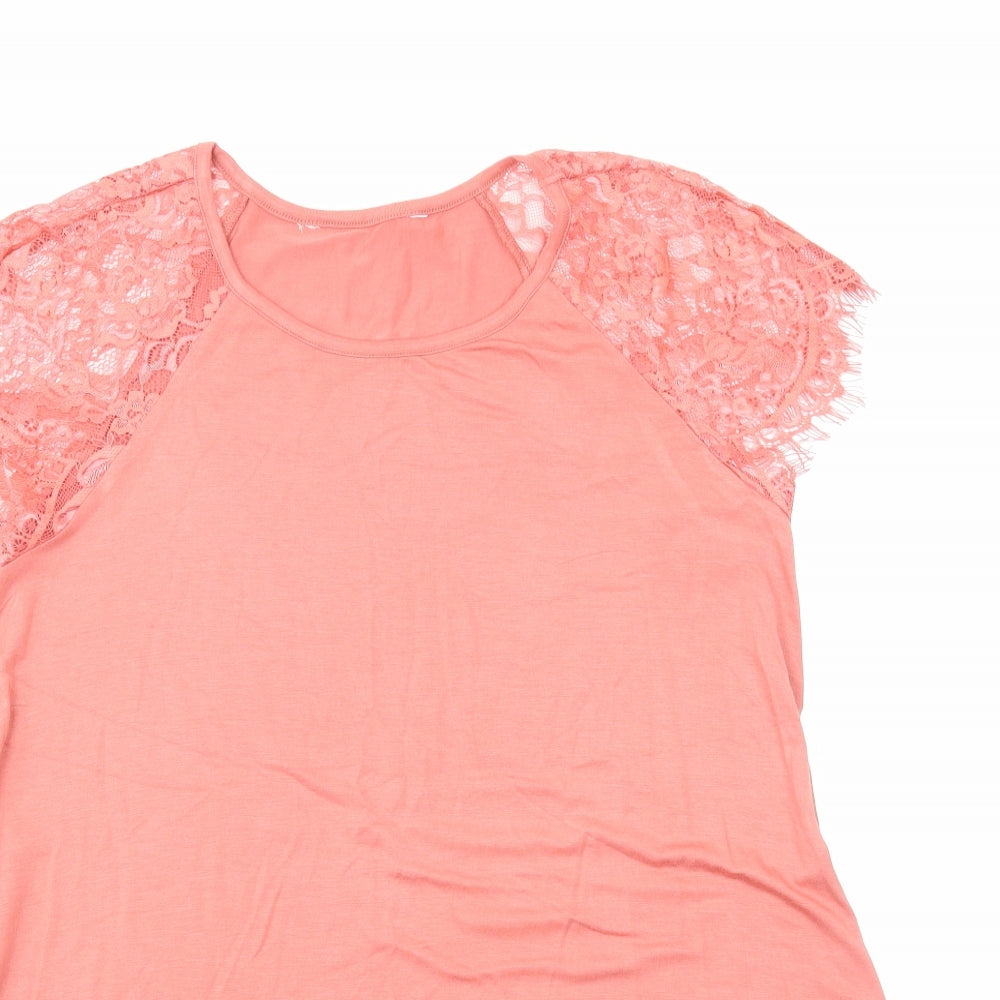 Capsule Womens Orange Viscose Basic T-Shirt Size 12 Round Neck - Lace Detail