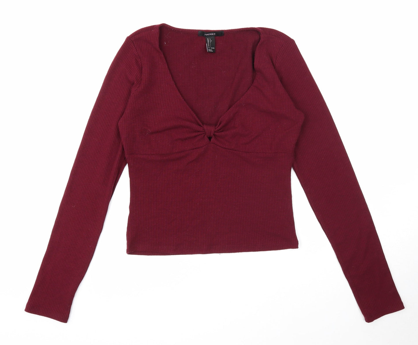 FOREVER 21 Womens Purple Cotton Basic T-Shirt Size L V-Neck - Knot Detail