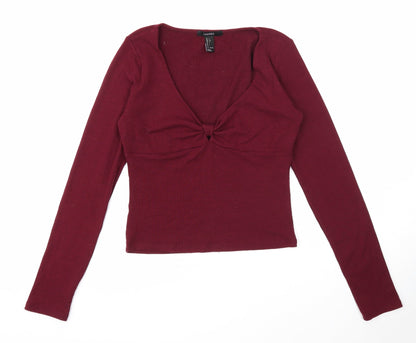 FOREVER 21 Womens Purple Cotton Basic T-Shirt Size L V-Neck - Knot Detail