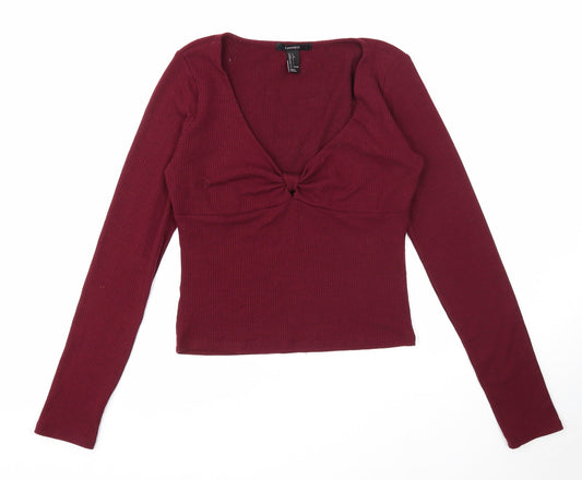 FOREVER 21 Womens Purple Cotton Basic T-Shirt Size L V-Neck - Knot Detail