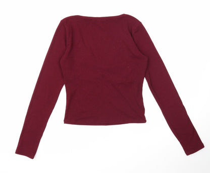 FOREVER 21 Womens Purple Cotton Basic T-Shirt Size L V-Neck - Knot Detail